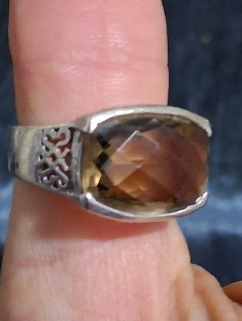 Sterling Silver Brown Cushion-Cut Ring 7 with Filigree Shoulders Vintage
